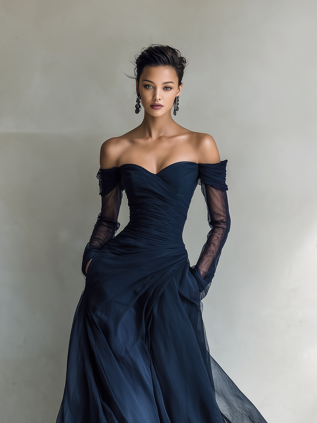 Off Shoulder Maxi Dress in Dark Blue Chiffon for Special Occasions
