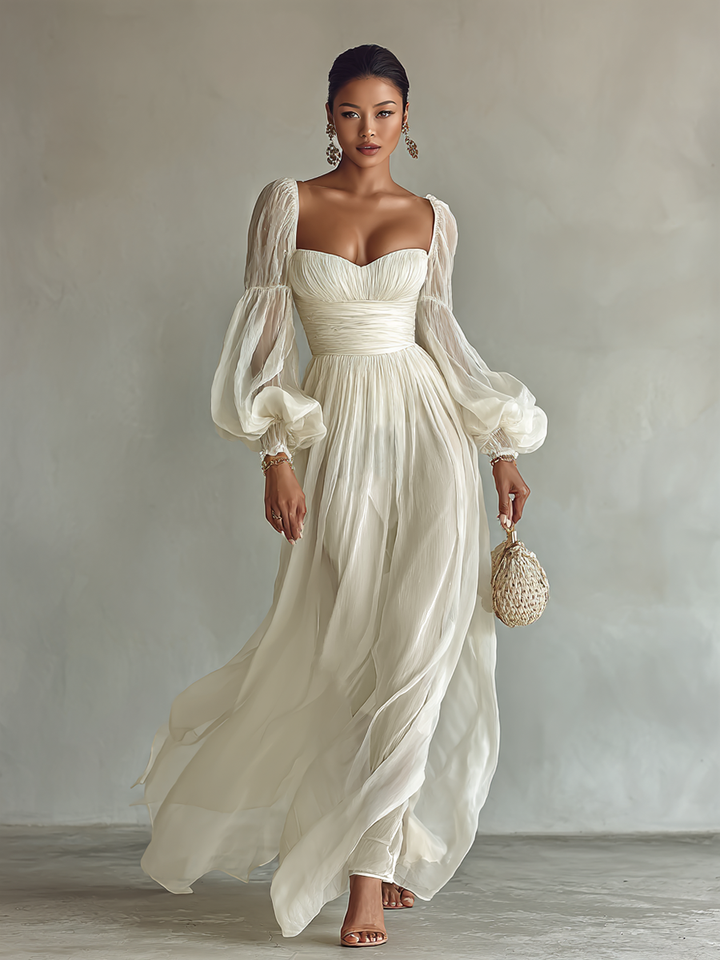 Chiffon Maxi Dress with Long Sleeves and Square Neckline