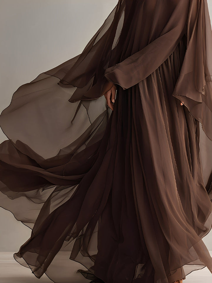 Brown Chiffon Maxi Dress with Cape Sleeves for Wedding Guest