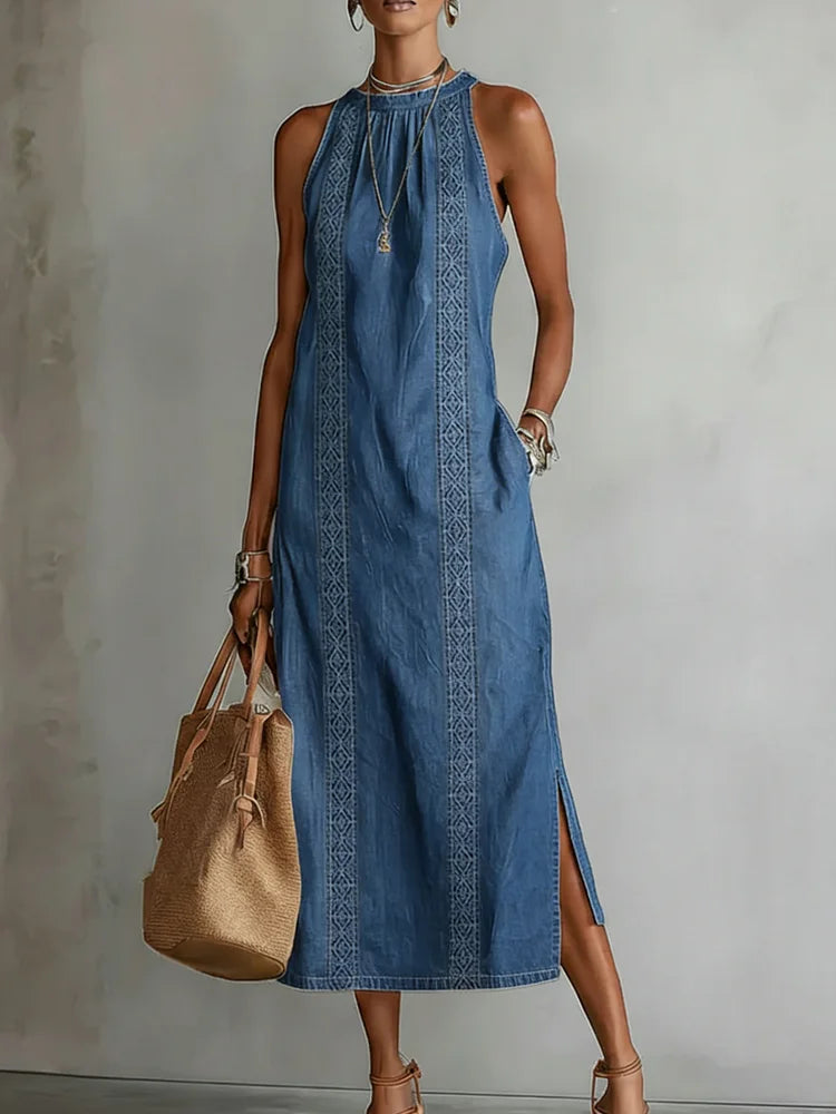 Denim Dress with Lace Detail | Retro Button Front Dress