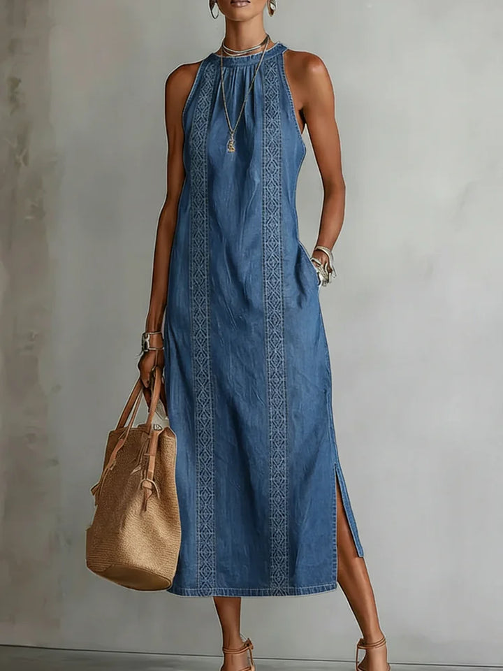Denim Dress with Lace Detail | Retro Button Front Dress