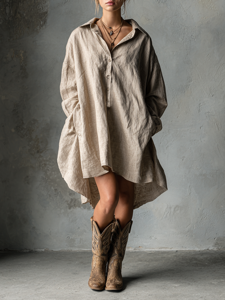 Cotton Linen Shirt Dress with Button Front and Collar
