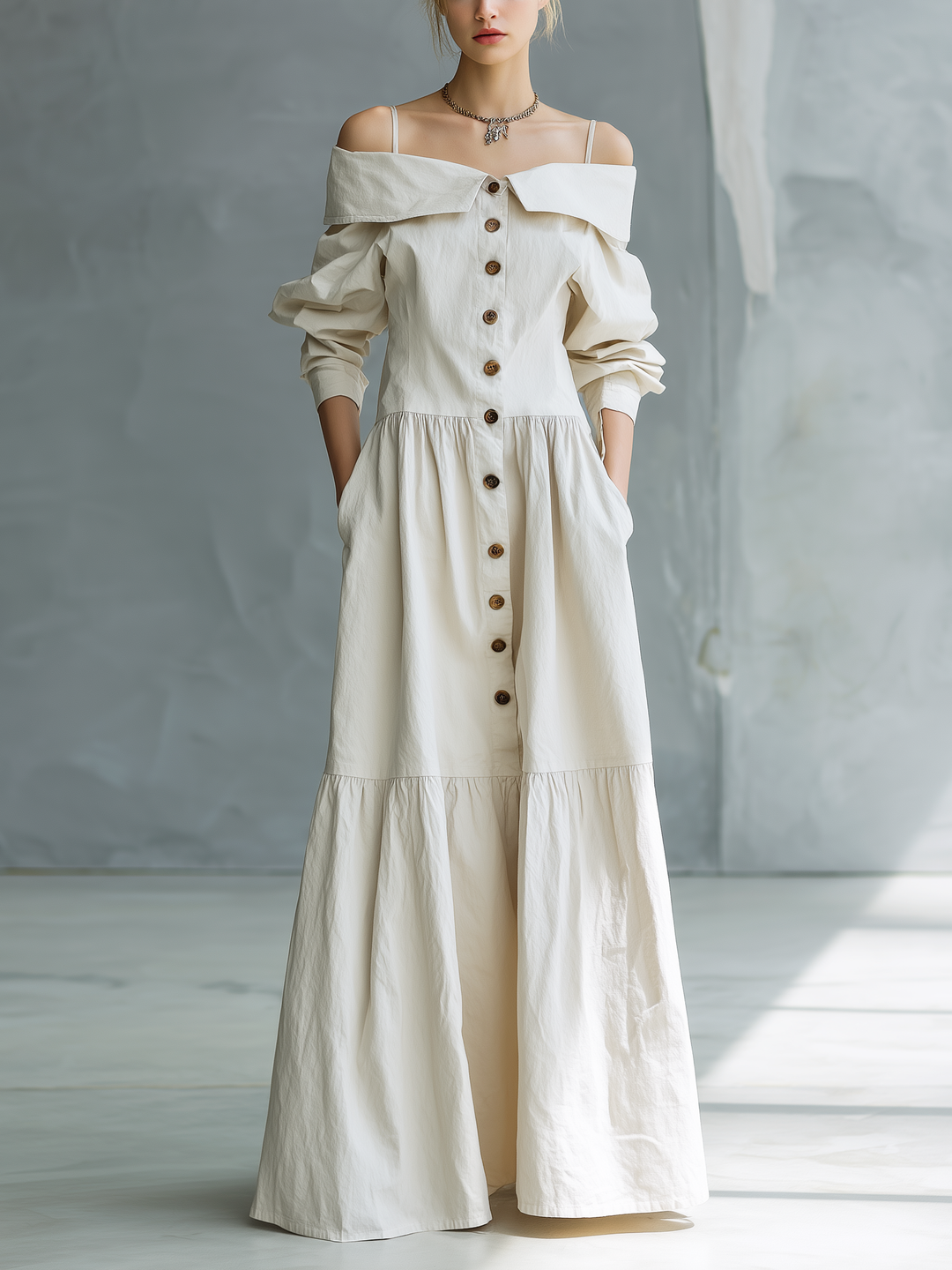 White Off Shoulder Camisole Dress with Long Sleeves