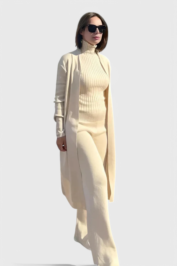3-Piece Knit Set Long Cardigan Wide Leg Pants Turtleneck