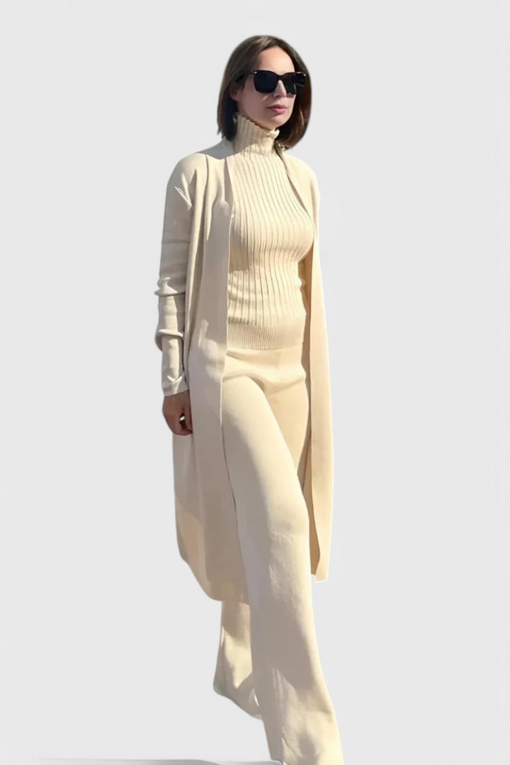 3-Piece Knit Set Long Cardigan Wide Leg Pants Turtleneck