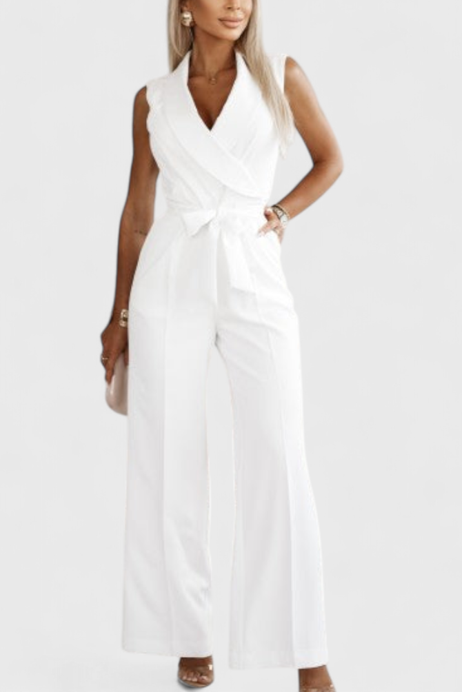 Wide Leg Jumpsuit with V-Neck and Knot Belt Detail