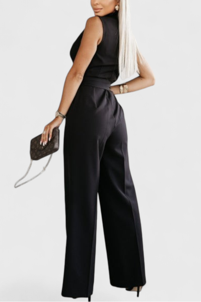 Wide Leg Jumpsuit with V-Neck and Knot Belt Detail