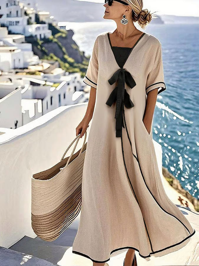 Maxi Dress with Bow Detail and Contrast Trim for Women