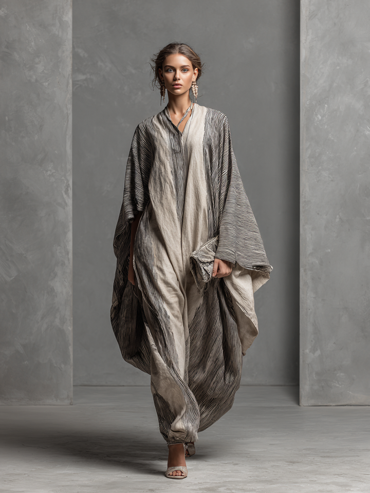 Striped Kaftan Maxi Dress - Cotton Linen V-Neck Resort Wear