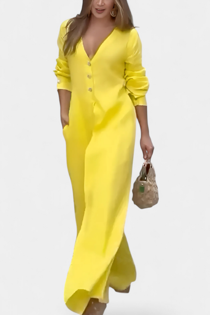 V-Neck Jumpsuit for Women with Wide Leg and Front Slit