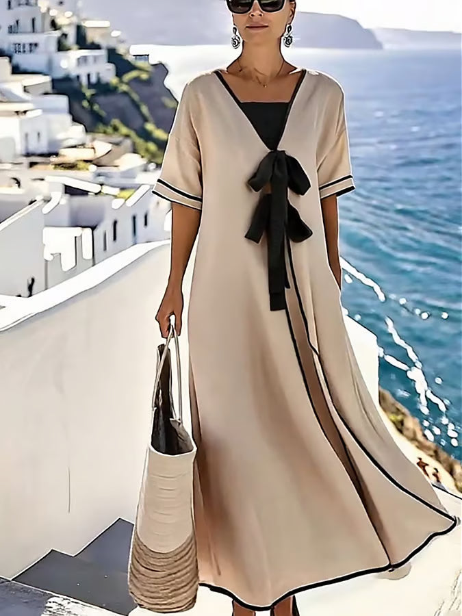 Maxi Dress with Bow Detail and Contrast Trim for Women