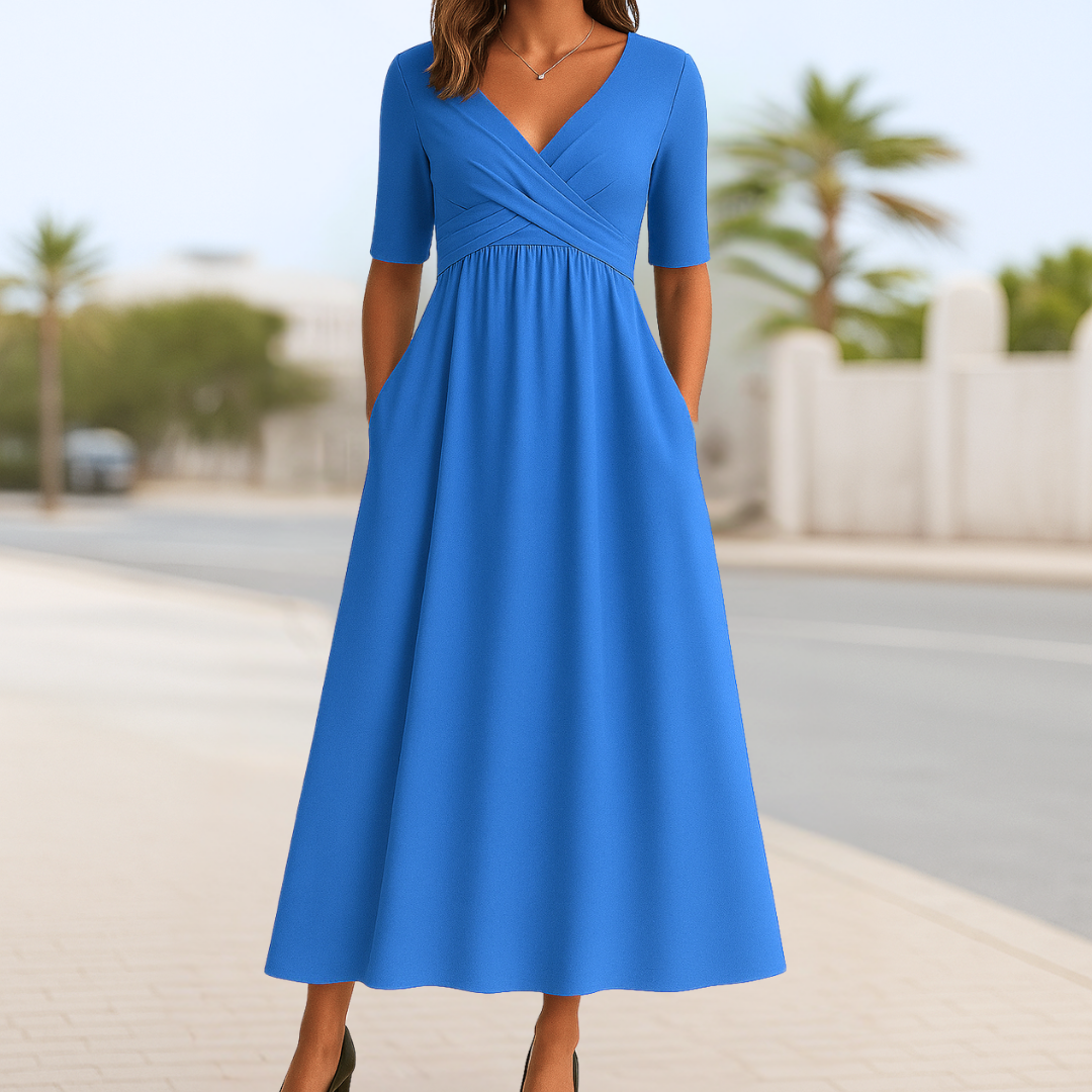 Short Sleeve Wrap Dress with Pleated Detail