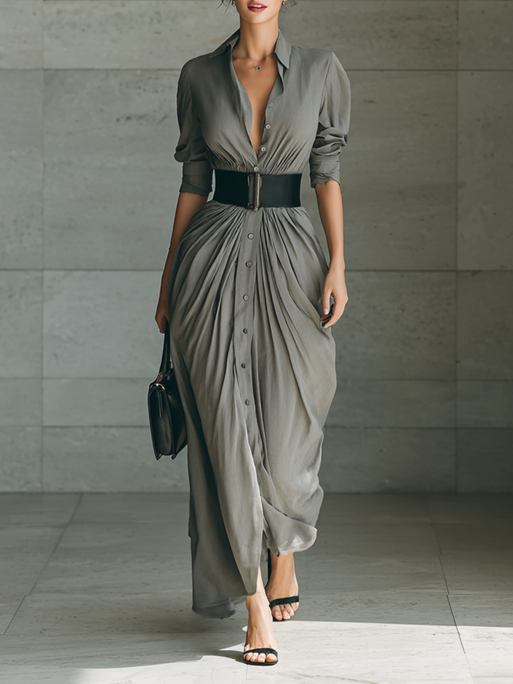 Belted Maxi Shirt Dress with Long Sleeves and Lapel Collar
