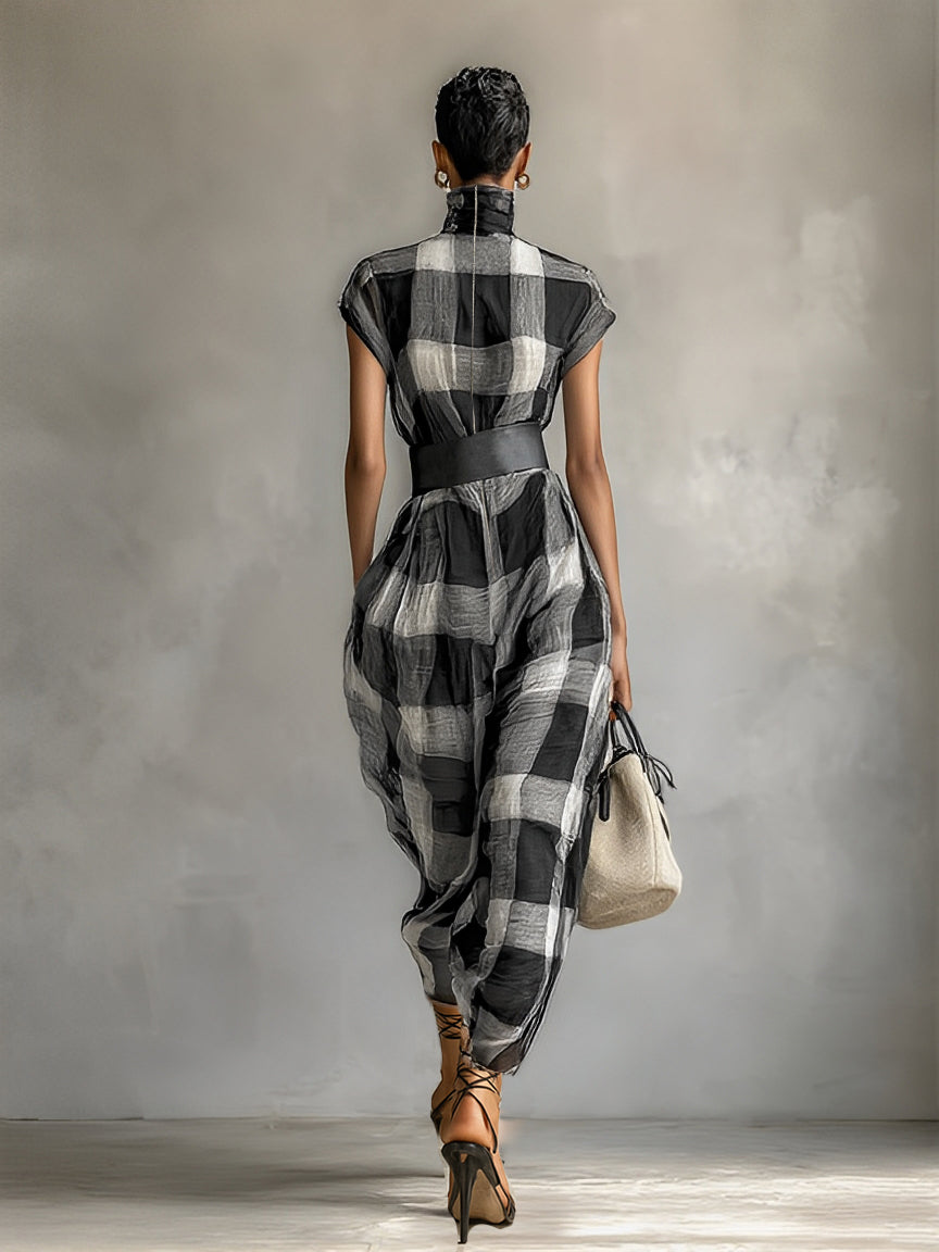 Plaid Maxi Dress with Belt for Women - High Collar Cotton Blend