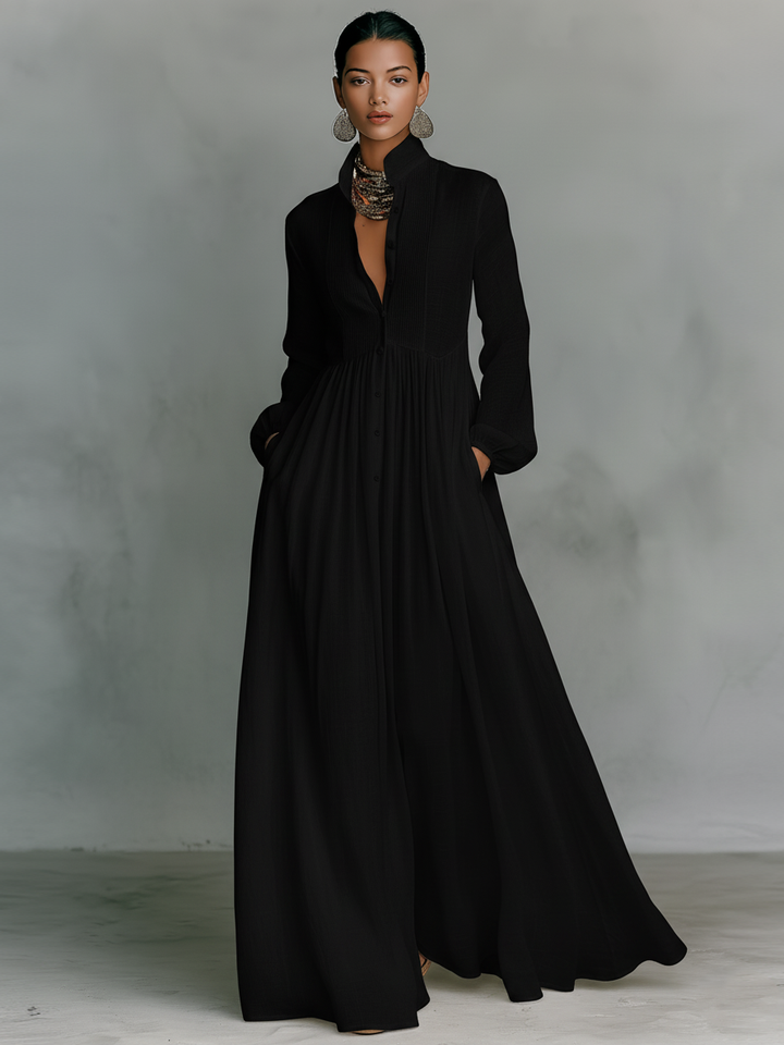 Linen Maxi Dress Long Sleeve with Patchwork Stand Collar