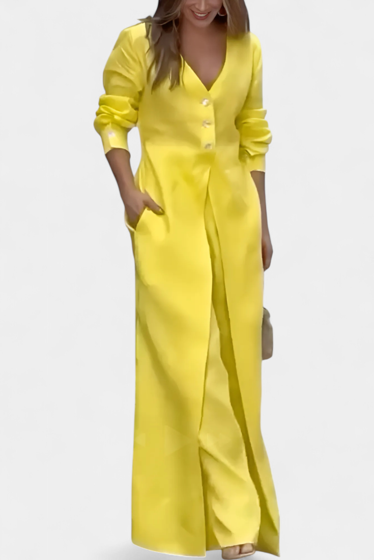 V-Neck Jumpsuit for Women with Wide Leg and Front Slit