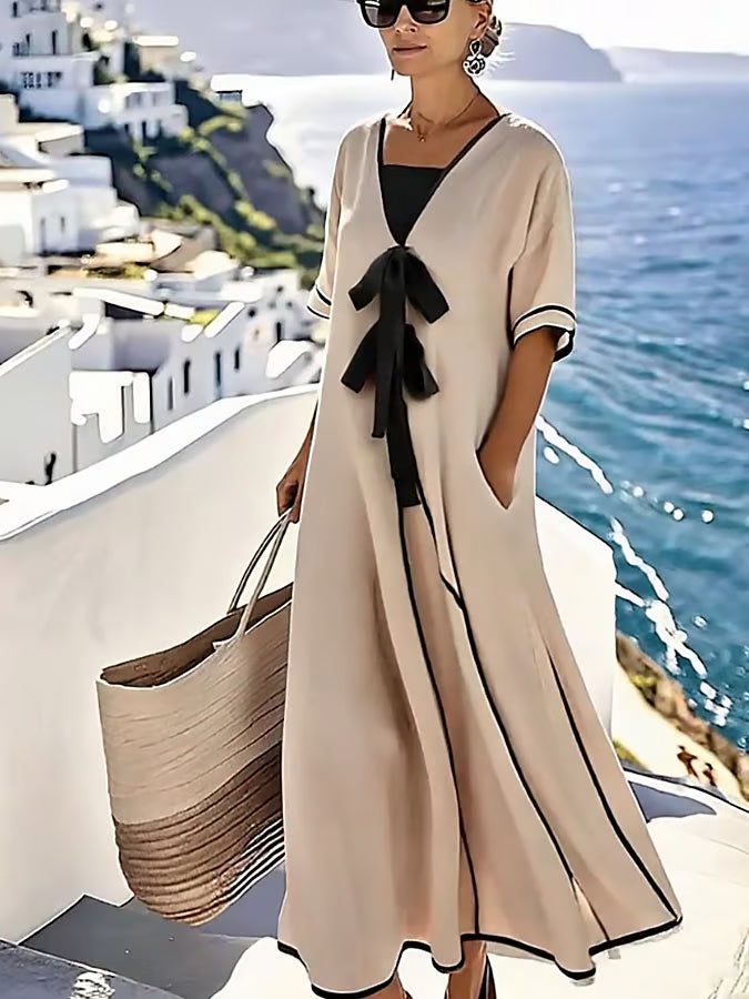 Maxi Dress with Bow Detail and Contrast Trim for Women
