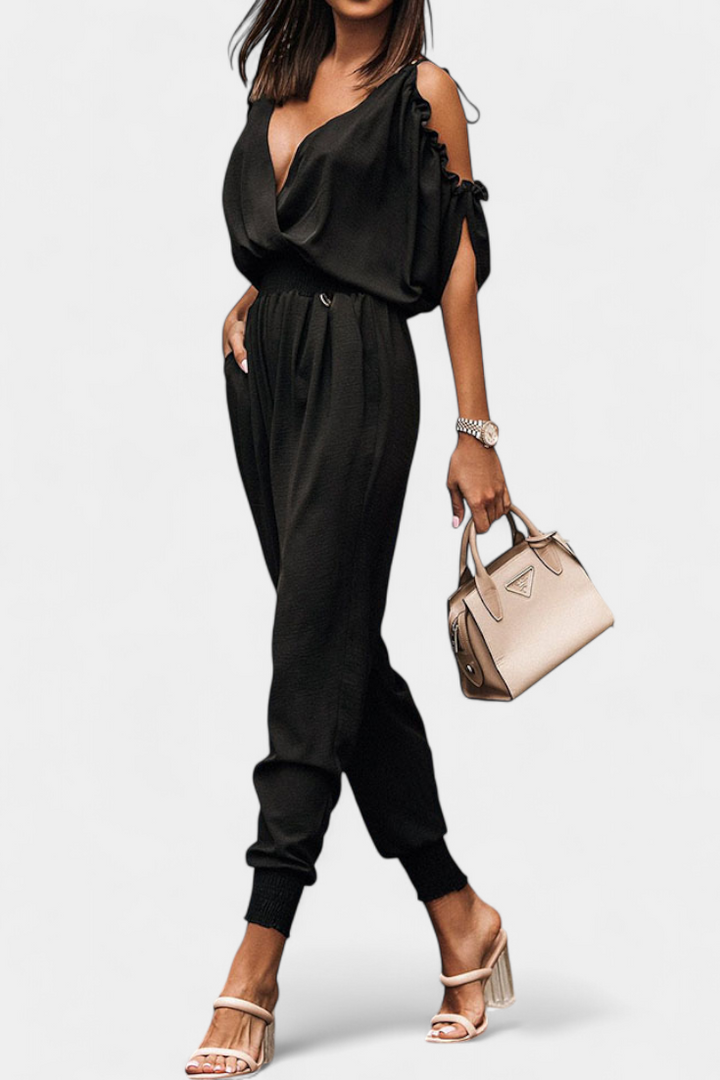 Off-Shoulder Jumpsuit with Knotted Detail and Elastic Waist