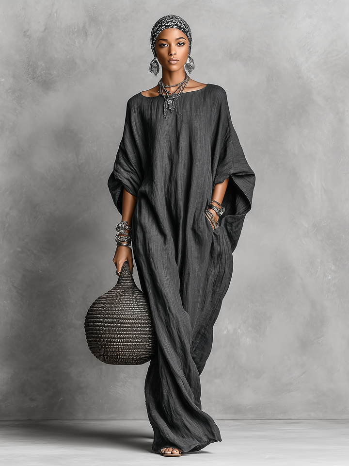 Linen Maxi Dress with Batwing Sleeves for Women