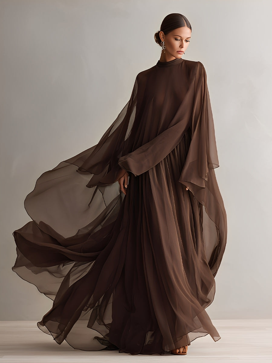 Brown Chiffon Maxi Dress with Cape Sleeves for Wedding Guest