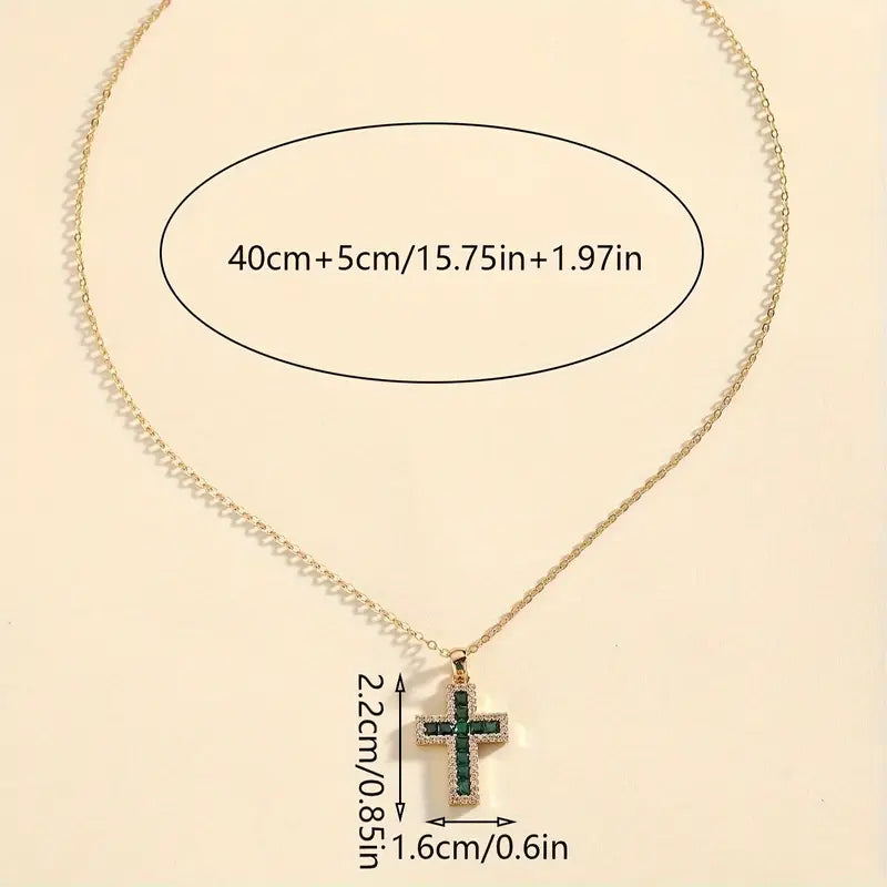 Emerald Cross Pendant Necklace in Gold | Dainty Layering Necklace