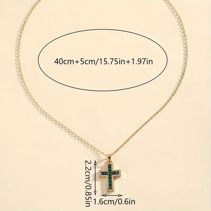 Emerald Cross Pendant Necklace in Gold | Dainty Layering Necklace