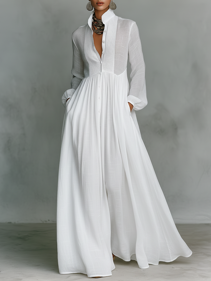 Linen Maxi Dress Long Sleeve with Patchwork Stand Collar