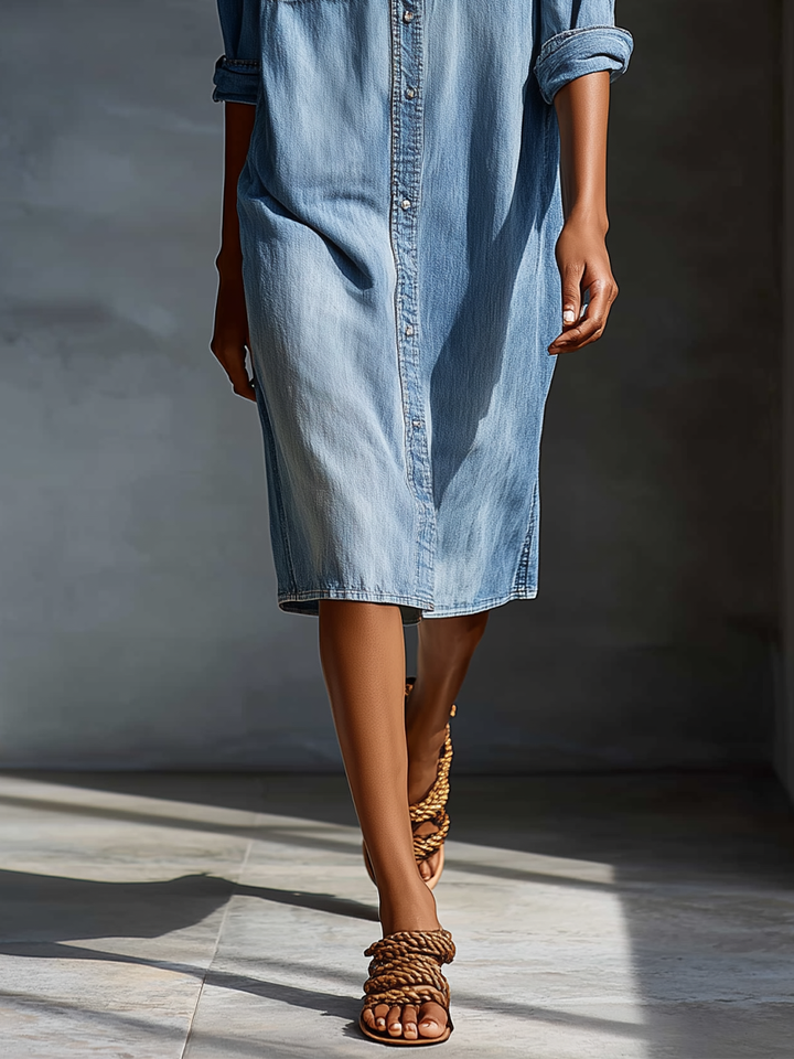 Denim Shirt Dress with Cold Shoulder Detail and Pockets
