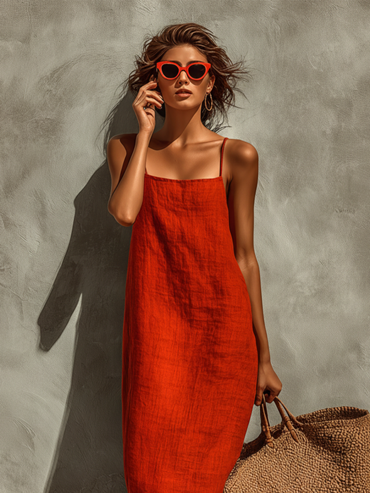 Red Linen Maxi Dress With Square Neck And Spaghetti Straps
