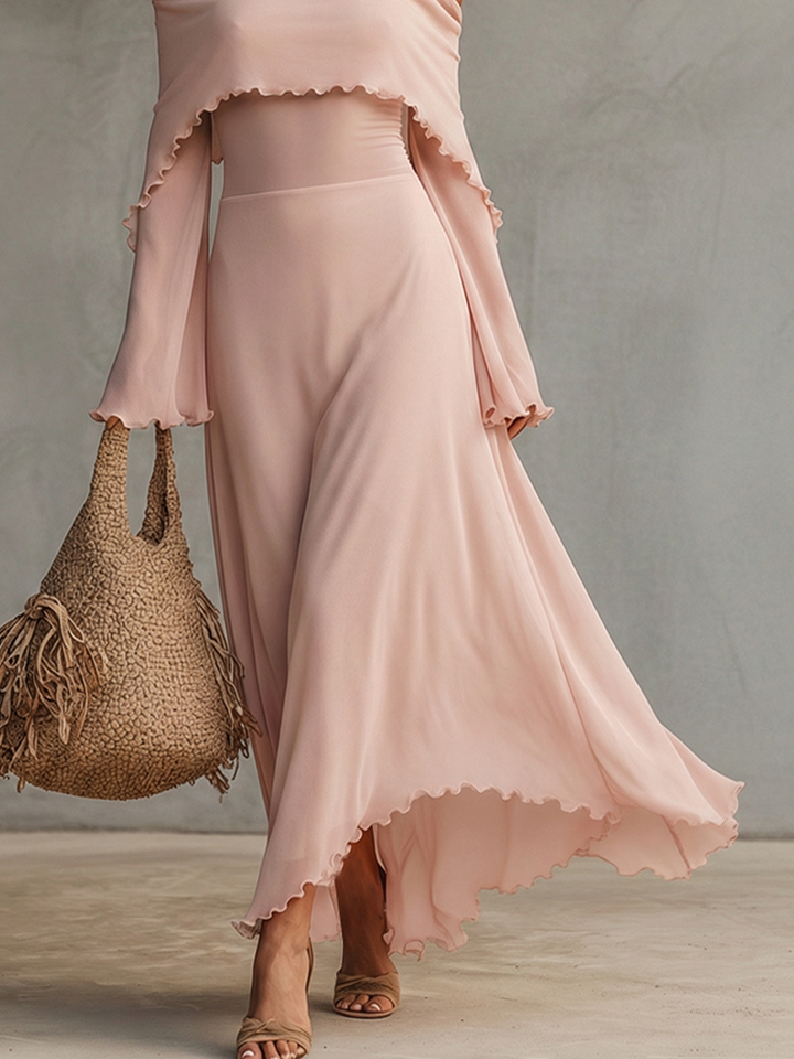 Blush Chiffon Dress with Halter Neck and Cold Shoulder Sleeves
