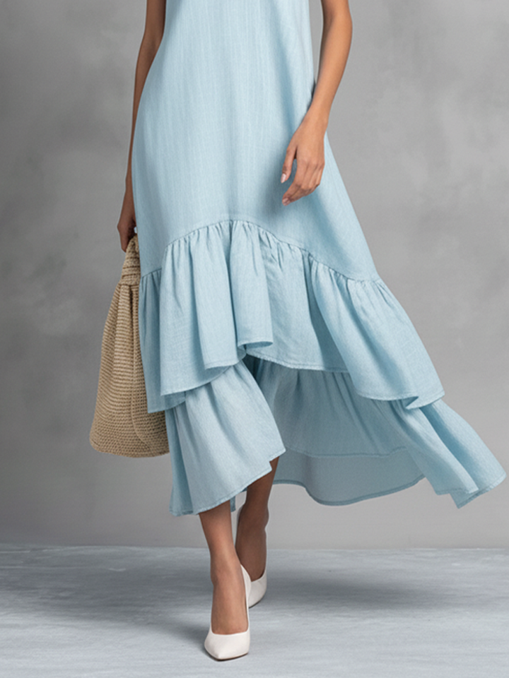Maxi Dress Women Light Blue Cotton Linen V Neck Ruffle Hem
