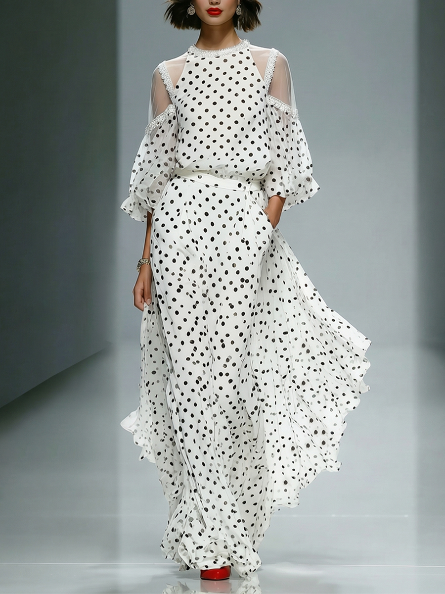 White Polka Dot Maxi Dress with Puff Sleeves