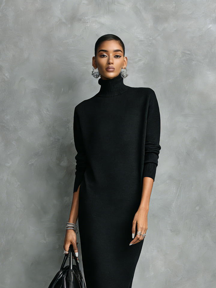 Black Turtleneck Sweater Dress - Midi Length Knit Dress
