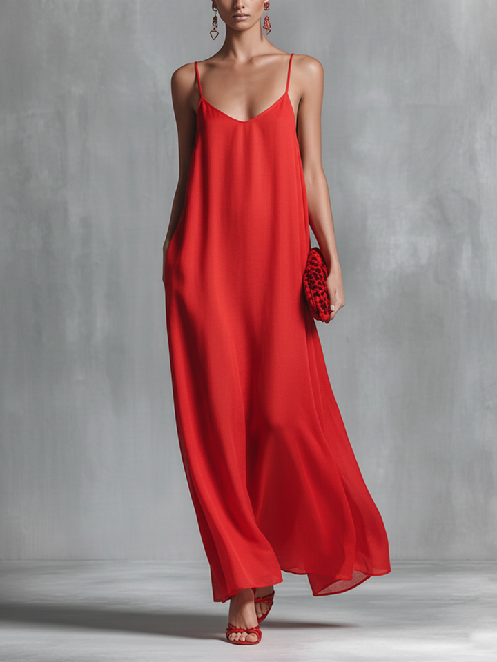 Red Chiffon Maxi Dress V-Neck Spaghetti Strap