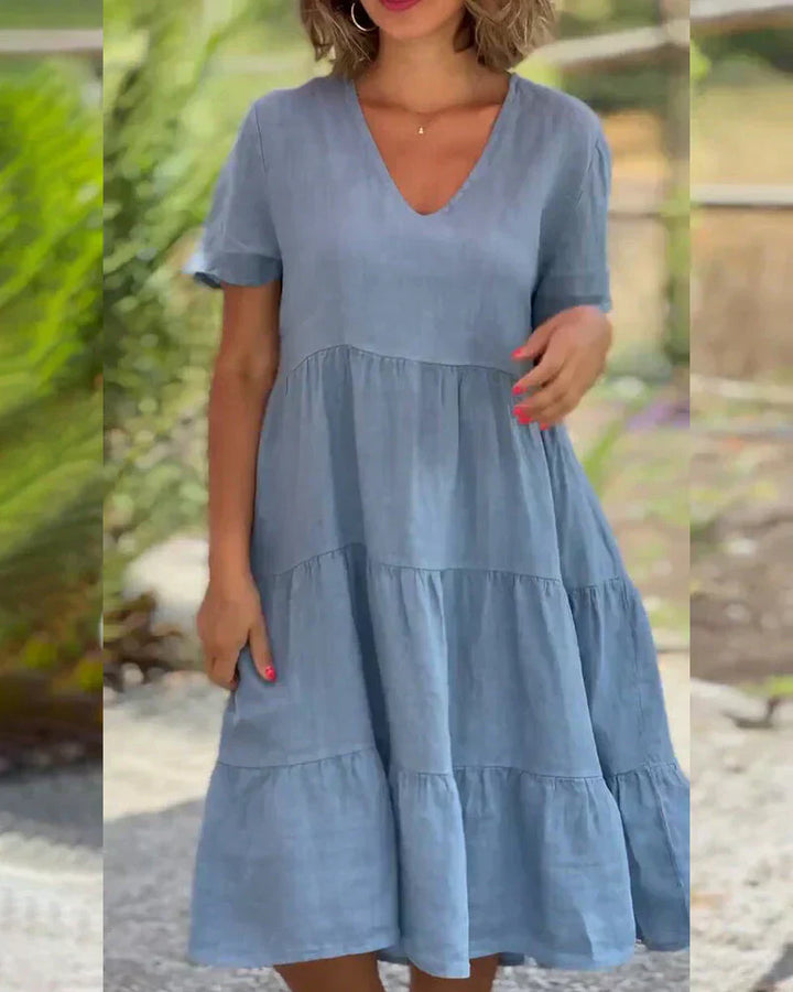Casual Summer V-Neck Dress | Effortless Short Sleeve Midi