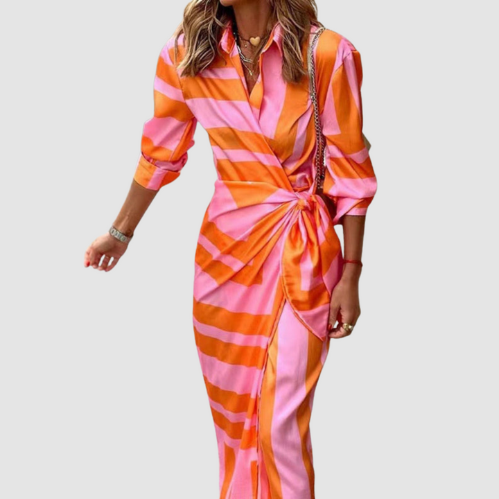 Striped Midi Dress with Button Front - Classic Timeless Style