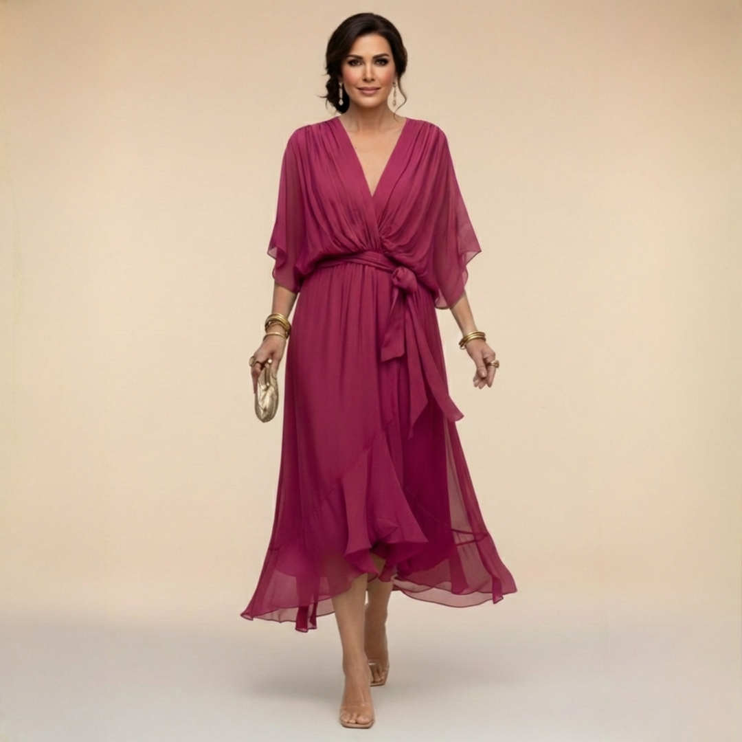 Chiffon V-Neck Dress for Women - Elegant Flowing Midi Dress