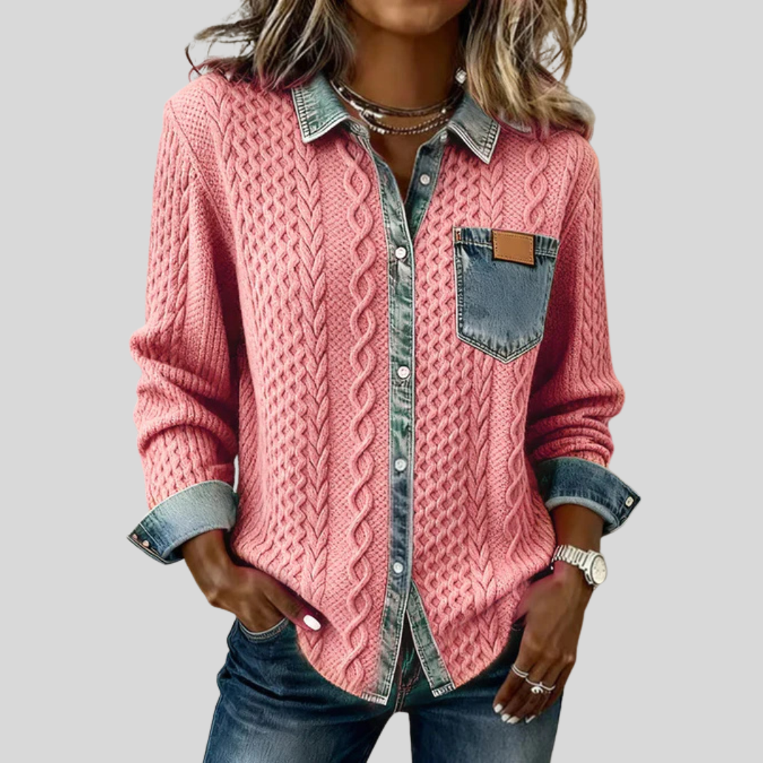 Denim Patchwork Shirt with Cable Knit Detail for Women