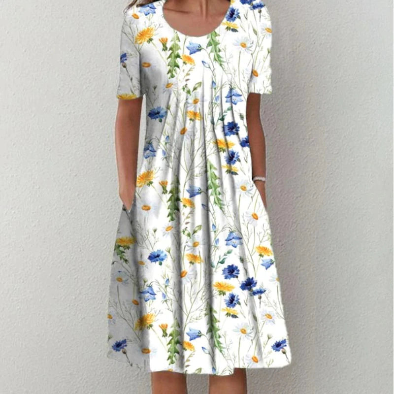 Pleated A-Line Dress with Flattering Fit and Belly Coverage