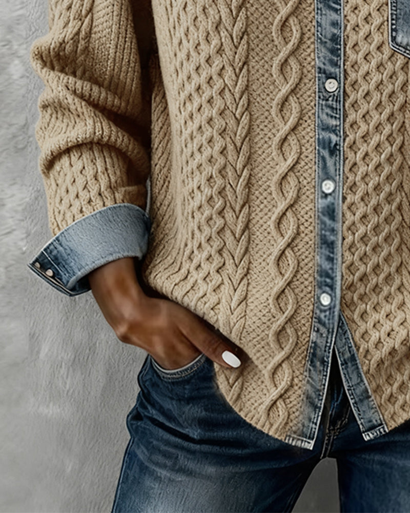 Denim Patchwork Button Down Shirt - Long Sleeve Cotton Blend Top