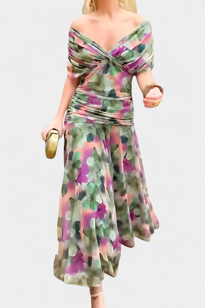 Floral V-Neck Maxi Dress with Pleated Waist - Long Sleeve