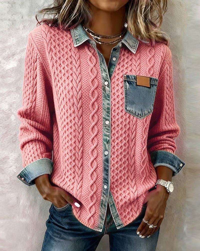 Denim Patchwork Button Down Shirt - Long Sleeve Cotton Blend Top