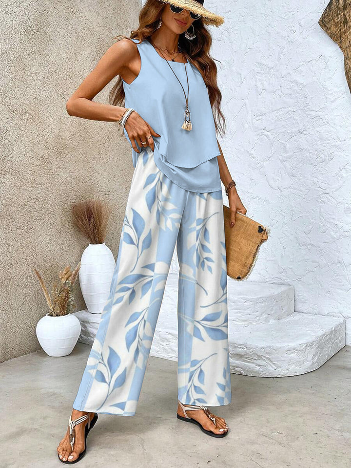 Two Piece Summer Set for Women - Elegant Sleeveless Top and Wide Leg Pants