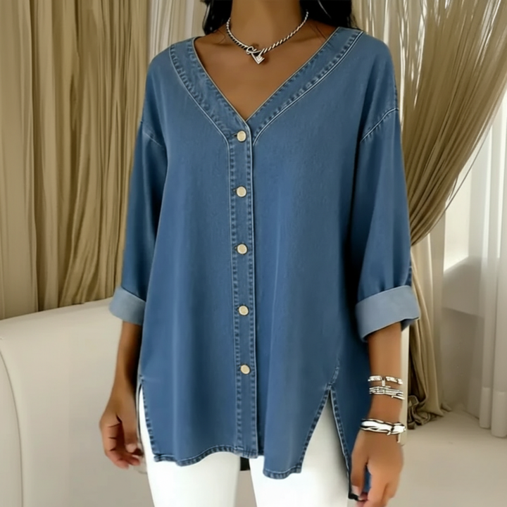 Denim Shirt Women V-Neck Relaxed Fit Button Front Top