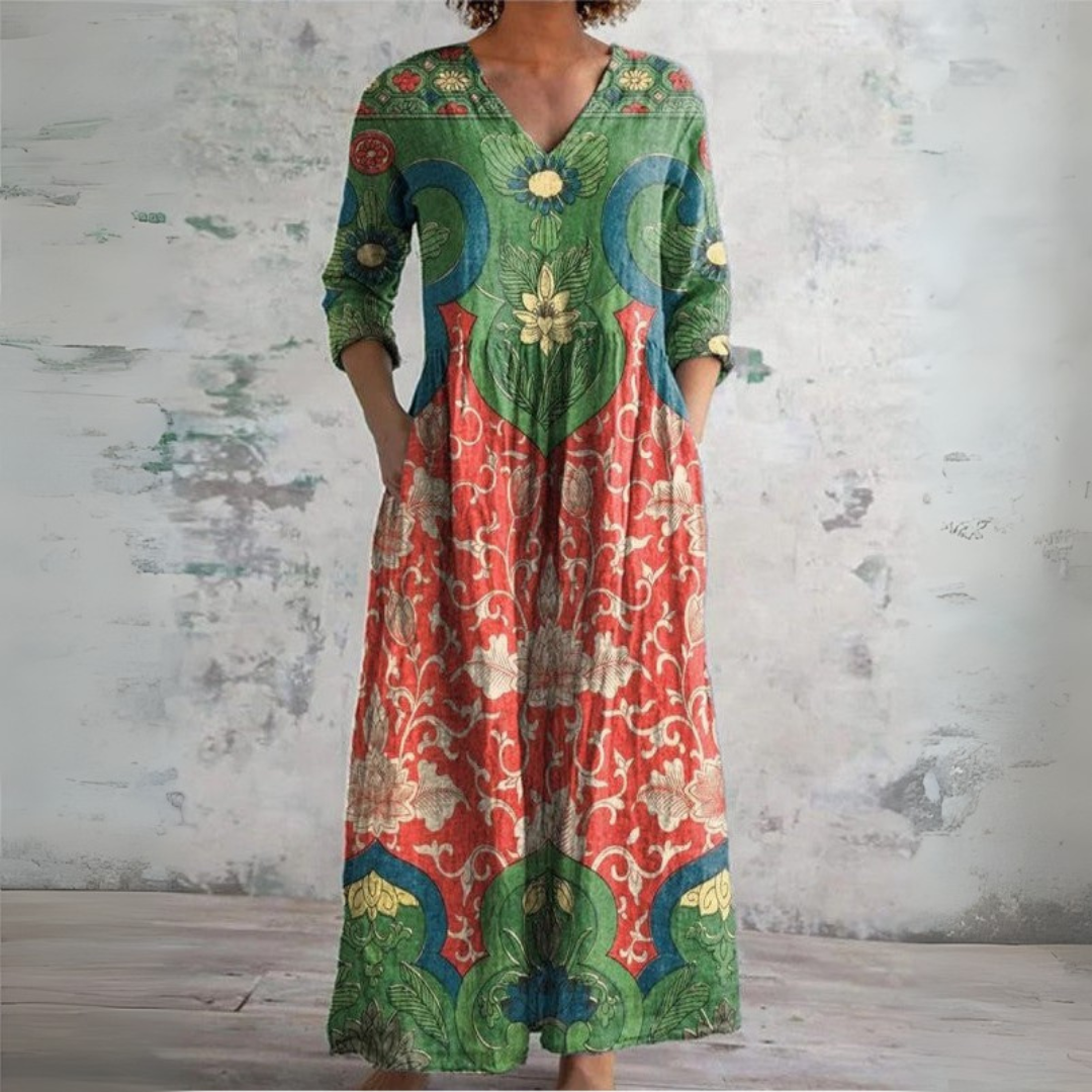 Vintage Floral Maxi Dress with V-Neck and Long Sleeves