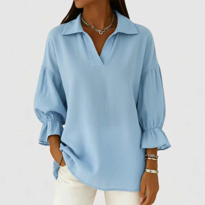 Flowy Blouse with V-Neck and Flared Sleeves for Women