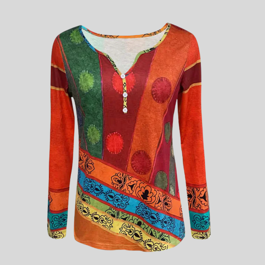 Ethnic Print Blouse Long Sleeve V-Neck Top for Women