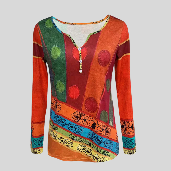 Ethnic Print Blouse Long Sleeve V-Neck Top for Women