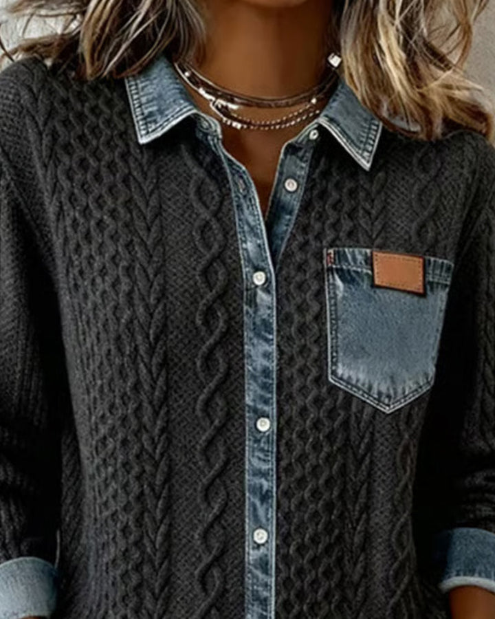 Denim Patchwork Button Down Shirt - Long Sleeve Cotton Blend Top