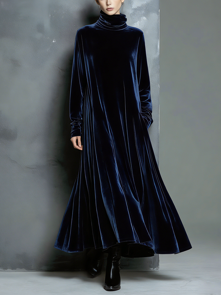 Navy Velvet Maxi Dress - Long Sleeve High Neck Elegant Evening Gown